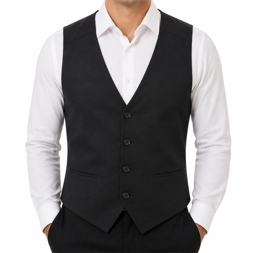 Carbon Vest Mens Medium Black Formal Waistcoat Button Up Check Lining